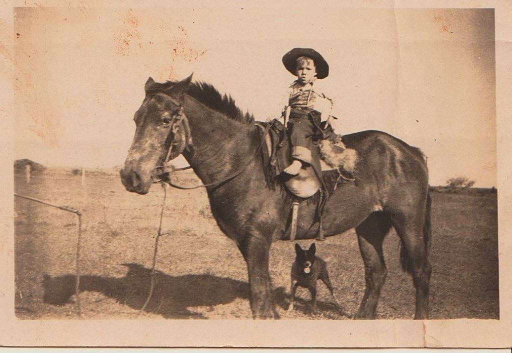 A young Doug English riding a horse